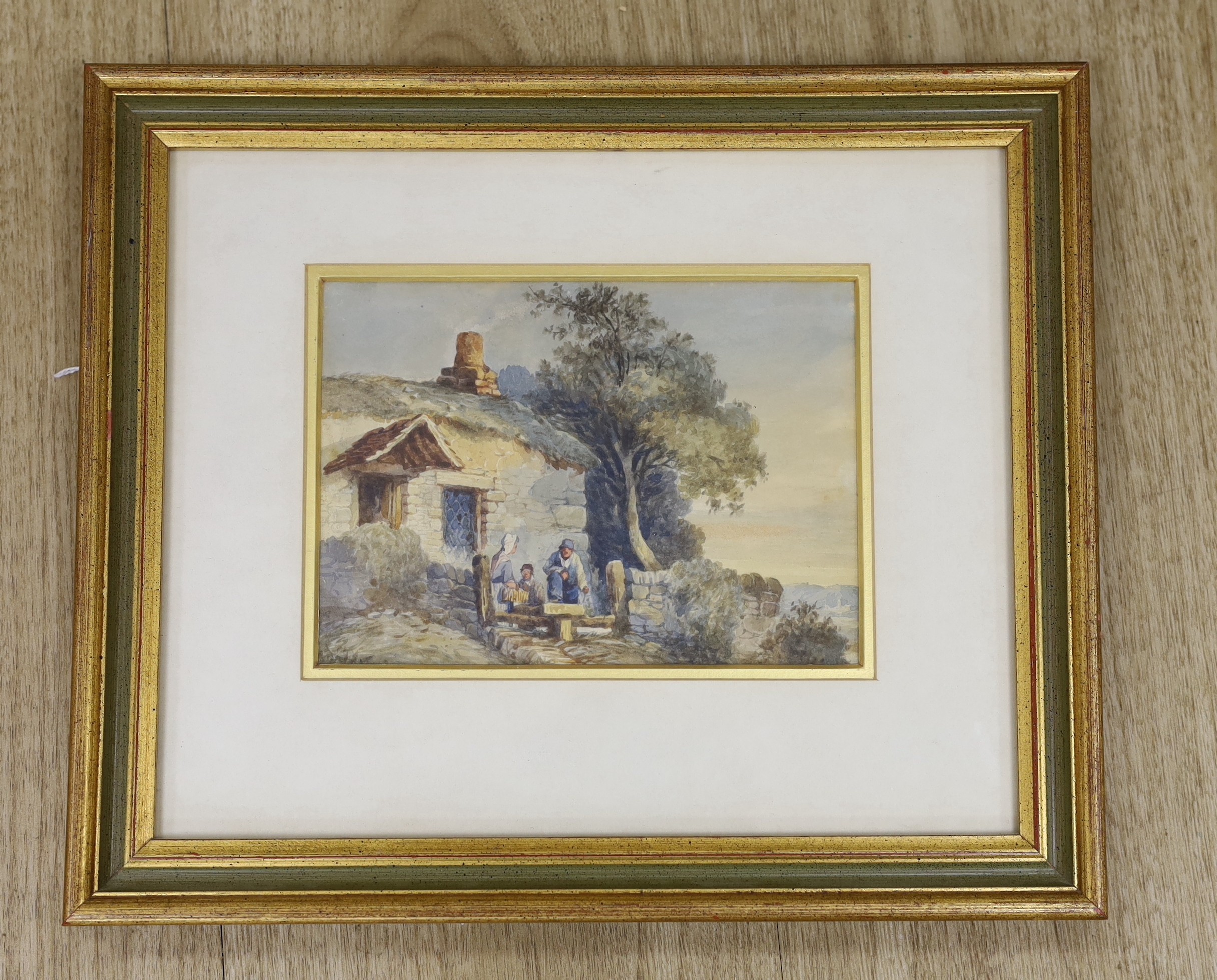 Henry George Gastineau (1791-1876), watercolour, Figures beside a cottage, label verso, 13 x 18cm